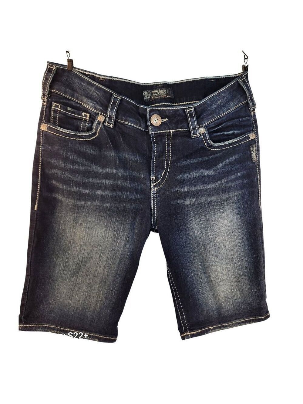 Silver Jeans Co Suki Bermuda Shorts W31/L11 Womens Dark Wash Stretch Distressed